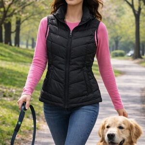 Aeropostale Puffer Vest Women’s Large Black and Pink Quilted Zip Up Sleeveless